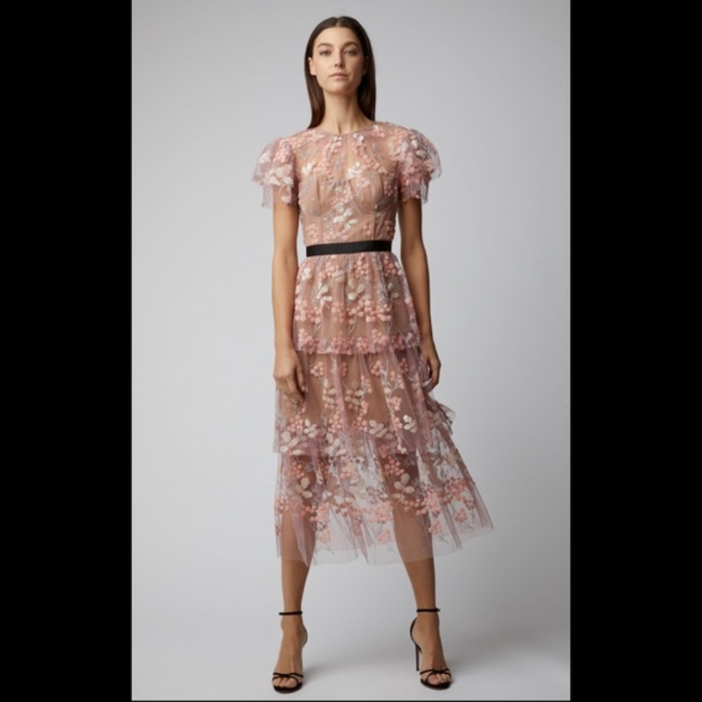 Self-Portrait Pink Floral Embellished Midi Dress